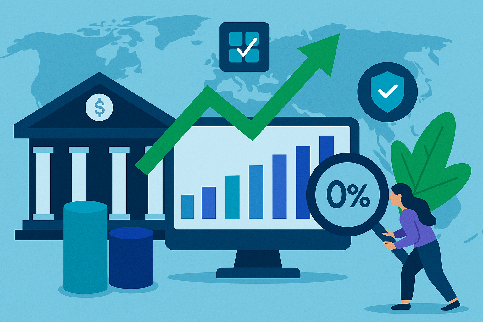 Business growth analytics dashboard showing upward trending charts and global expansion metrics for CRM success