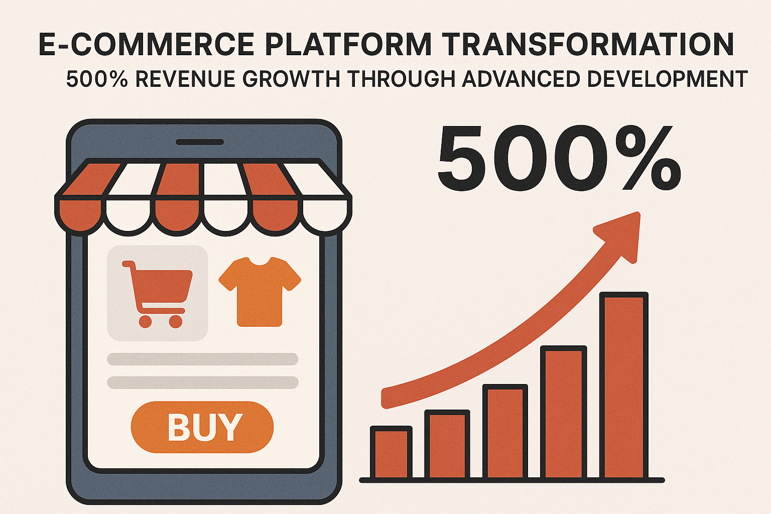 E-commerce platform transformation infographic showing mobile shopping interface with 500% revenue growth chart and upward trending arrow